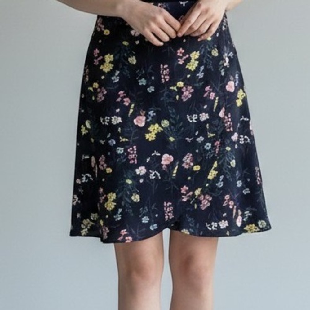 Massini Womens Navy Blue Floral Faux Wrap Tulip Mini Skirt Size M Stretch Crepe